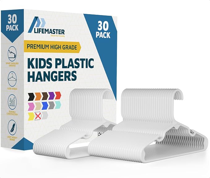 Lifemaster Plastic Kids Clothes Hanger – Children Clothes Hanger with Shoulder Notch, 11.6 Inch Space-Saving Closet Organizer for Baby, Toddler, and Kids Clothing, Hold Up to 5 lbs, Pack of 30, White by LIFEMASTER