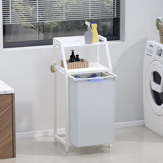 Laundry Hamper, Laundry Sorter, Rolling Laundry Basket with Wheels, 2 Shelves, 18 Gal(68L), Pull-Out and Removable Oxford Fabric Bags, White and Grey - Image 9