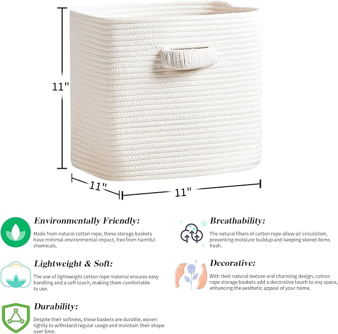 RUNKA Storage Cube Baskets - 3 Pack - 11 inch Square Baskets for Closet, Woven Bins - Ideal for Toy Storage | White - Image 2