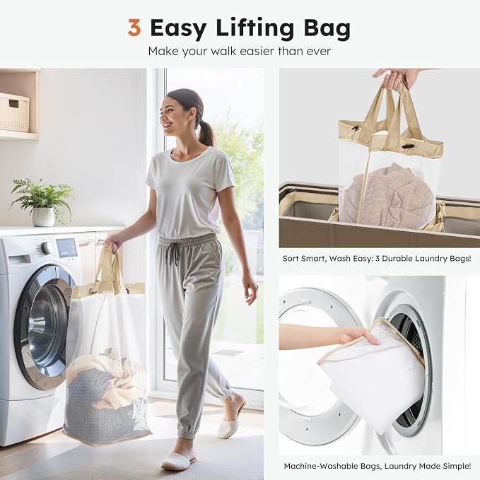 SOLEDI 180L 3-Section Laundry Hamper with Lid, Extra Large Dirty Clothes Basket with Sturdy Handles for Laundry Room & Bedroom - Durable Organizer for Sorting Laundry - Image 4
