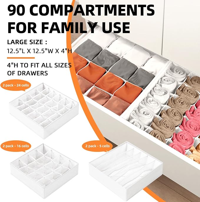 Drawer Organizer - 6 Set Clothes Organizer for Closet & Bedroom - 90 Cells Bins for Sock, Underwear, Bra, Baby Clothes - Washable & 10xDurable than Non-Woven Fabric (White) - Image 2