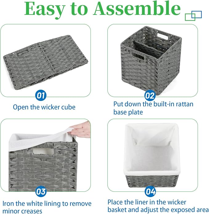 Bidtakay Wicker Baskets for Shelves Waterproof Imitation Wicker Cube Storage Bins with Liners for Organizing Closet Cabinet 11x11 inch Storage Cube Organizer for Pantry-Dark Grey 2-Pack - Image 9
