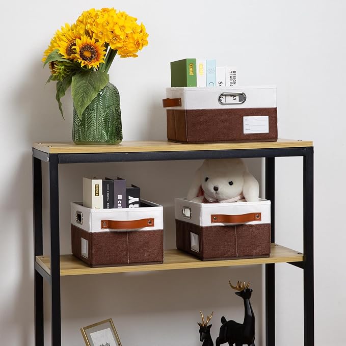 Foldable Storage Bins with Handles [3-Pack] Fabric Collapsible Storage Boxes Baskets Cubes Containers with Handles for Closet Living Room Bedroom (Brown & White 11.5x8.5x6.7'') - Image 2