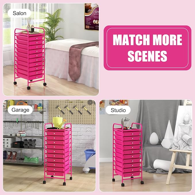 GOFLAME 10-Drawer Rolling Storage Drawer Cart, Utility Cart with Removable Drawers & Metal Frame, Mobile Art Craft Drawer Cart with Lockable Wheels for Home, Office, Studio, School, Hot Pink - Image 8