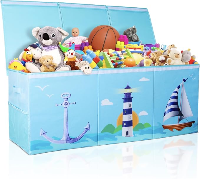 Extra Large Collapsible Sturdy Toy Storage Organizer with Lids, Ocean Theme Toy Box for Boys & Girls, 40"x16"x16", Modern, Blue by Unknown