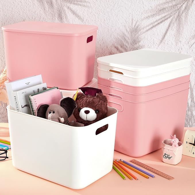 8 Pack Storage Bins, 14.2 X 10.2 X 9.5 Inch White and Pink | Plastic Stackable Containers with Lid Handle, For Shelves Desktop Playroom Office, Organizing Toys Books Supplies Storage - Image 4