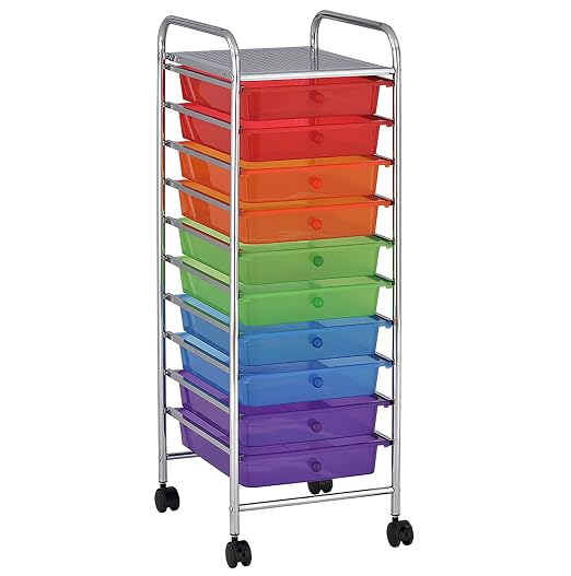 ECR4Kids 10-Drawer Everyday Mobile Storage Utility Cart, Assorted | Durable plastic bins, steel frame, GREENGUARD Gold Certified, 50 lb capacity, rolling casters, craft supplies, office, home by ECR4Kids
