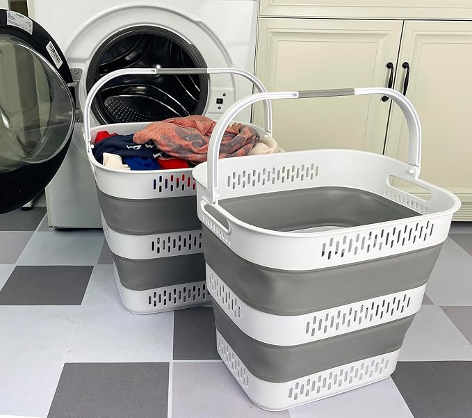 SAMMART 40L (10.5 Gallon) Collapsible Plastic Laundry Basket with Handles - Foldable Pop Up Storage Container/Organizer - Portable Laundry Hamper - Space Saving (2, White/Grey) - Image 3