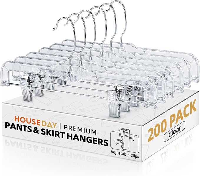 HOUSE DAY 200 Pack Plastic Skirt Hangers, 14'' Non Slip Clip Hangers | Bulk Clear Pants Hangers with Adjustable Clips for Closets, Boutiques, Laundry Rooms, Resale and Retail Displays by HOUSEDAY