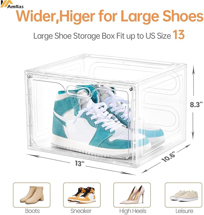 Amllas 8 Pack Shoe Boxes Clear Plastic Stackable, Large Shoe Storage Organizer with Lids,Drop Side Shoe Containers for Entryway,Sneaker Storage Fit up to US Size 13 (13’’x 10.6”x 8.3”) - Image 2