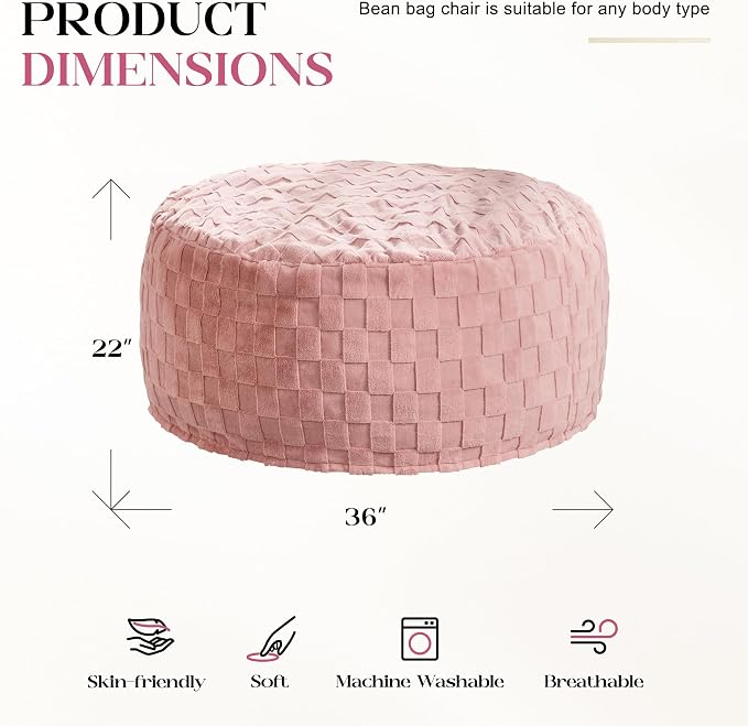 Hobestluk Large Bean Bag Chairs 3FT Big Adults BeanBag Chairs Plaid Cover | Memory Foam,Washable Cover,Unique Fluffy Plaid,Comfy Adults Bean Bag with Filler Gaming Reading Bedroom Dorm Room | Pink 3FT - Image 2