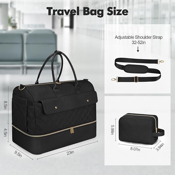 Weekender Bags for Women, Extra Large Travel Duffel Bag with Shoe Compartment, Carry on Overnight Bag with Toiletry Makeup Bag, Gym Bag Travel Tote Bag for Travel Gym Camping Hospital, Black - Image 4