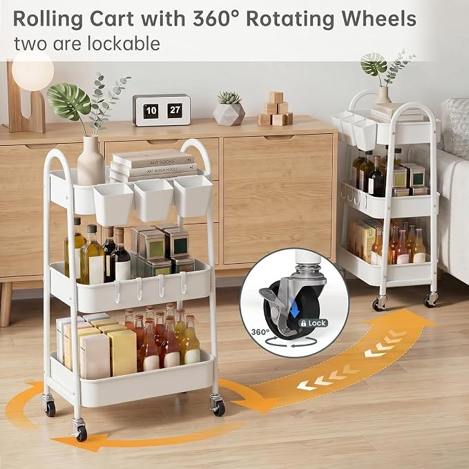 danpinera 3-Tier Rolling Cart, Utility Cart Mobile Metal Rolling Storage Cart with Lockable Wheels & Hanging Cups & Hooks for Kitchen, Bathroom, Office, Workshop, White - Image 4