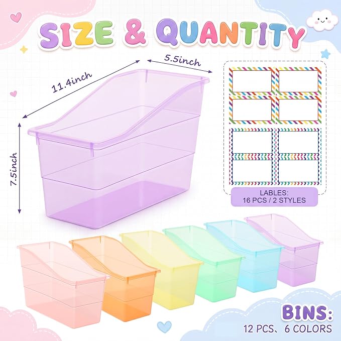 Blosssound 12 Set Book Bins for Classroom Stackable,Translucent Pastel | Plastic Baskets with Labels, Slanted Front, Library Supplies Organizers, Desktop Storage Bins, Teachers Home School Use - Image 2
