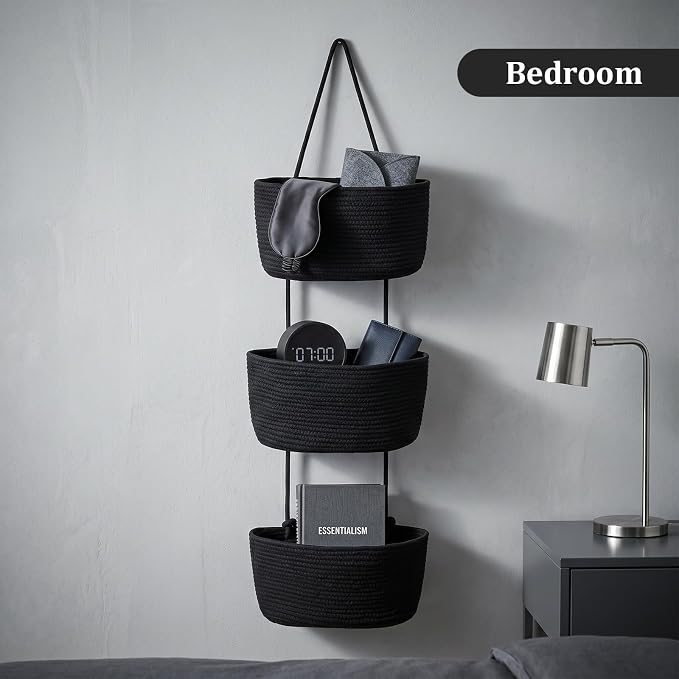 TeoKJ Over the Door Hanging Basket, 3-Tier Woven Cotton Wall-Mounted Storage Organizer Bag Decorative Hanging Nursery Baskets, Black - Image 8