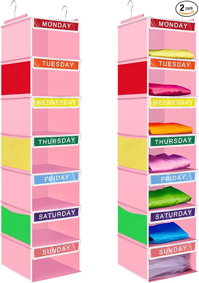 2 Pcs 7 Shelf Weekly Clothes Organizer for Kids Hanging Closet Organizer 11. 8 x 11. 8 x 50 Inches Daily Activity Kids Clothes Storage Drawers Cube Drawers Closet Hanging Shelves(Pink) by Amylove