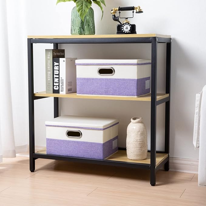 Collapsible Storage Bin with Lid [3-Pack] Fabric Foldable Storage Box Organizer Container Basket Cube with Cover for Home Bedroom Closet Office Nursery Purple&Cream(14.9x9.8x9.8) - Image 2