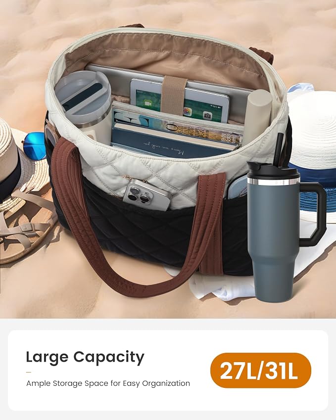 LOVEVOOK Puffer Tote Bag for Women, Puffy Work Handbag with Cup Holder, Travel Carry On Bag with Zipper for Teacher Nurse Gym - Image 2