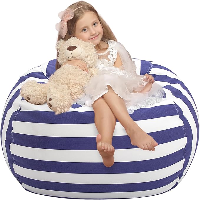 WEKAPO Stuffed Animal Storage Bean Bag Chair Cover for Kids | Stuffable Zipper Beanbag for Organizing Children Plush Toys Large Premium Cotton Canvas (Navy Strip, X-Large) by Wekapo