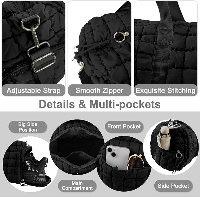 Quilted Travel Duffle Bag Gym Bag for Women,Large Puffer Duffle Weekender Bag with Compartment,Workout Overnight Carry on Organizer Bag Duffle Bag for Airplane Travel(L-Black) - Image 3