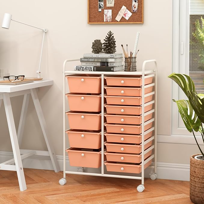 GOFLAME 15-Drawer Rolling Storage Cart, Craft Storage Cart with Removable Drawers & Lockable Wheels, Art Cart Supply Storage Organizer for Home Office Classroom, Peach Fuzz - Image 2