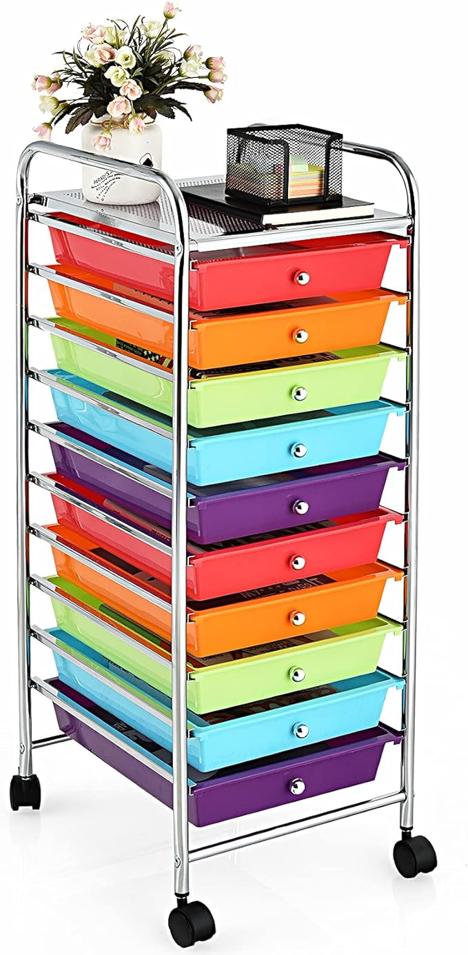 GOFLAME 10-Drawer Rolling Storage Drawer Cart, Utility Cart with Removable Drawers & Metal Frame, Mobile Art Craft Drawer Cart with Lockable Wheels for Home, Office, Studio, School, Multicolor by GOFLAME