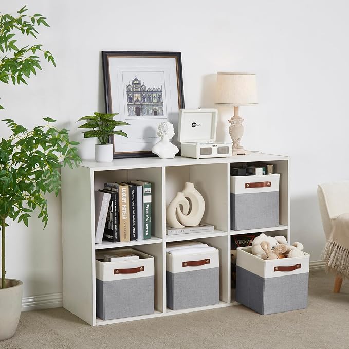 Collapsible Fabric Storage Cube Bins with 2 Reinforced PU Handles, Foldable Storage Organizer Baskets for Closet, Shelves, Living Room | 11"x11"x11", 4 Pack, Gray & White - Image 5