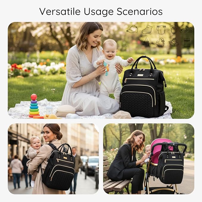 AIJIEKE Large Diaper Bag Backpack, Extra Wide Travel Diaper Bag, Black | Multi-functional waterproof maternity bag. Changing pad, stroller straps, insulated wet/dry pocket. Mom, dad, toddler travel - Image 3