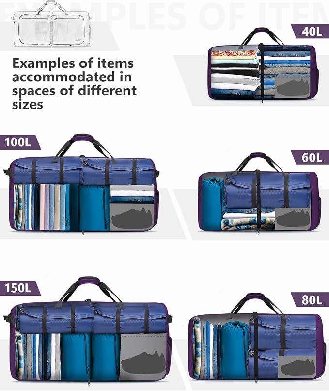 Gonex 60L Foldable Travel Duffle Bag with Shoe Compartment, Lightweight | 210D Nylon, Water-Repellent, Folds Compact, Multiple Pockets, Luggage Sleeve, Weekend Trips & Camping, Purple - Image 8
