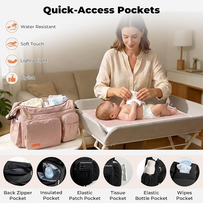 Puffy Crossbody Diaper Bag, 2-in-1 Stroller Caddy & Mom Purse, 13L Lightweight Travel Duffle Bag for Baby, Work Commute, Gym, Labor Delivery (Black) - Image 6