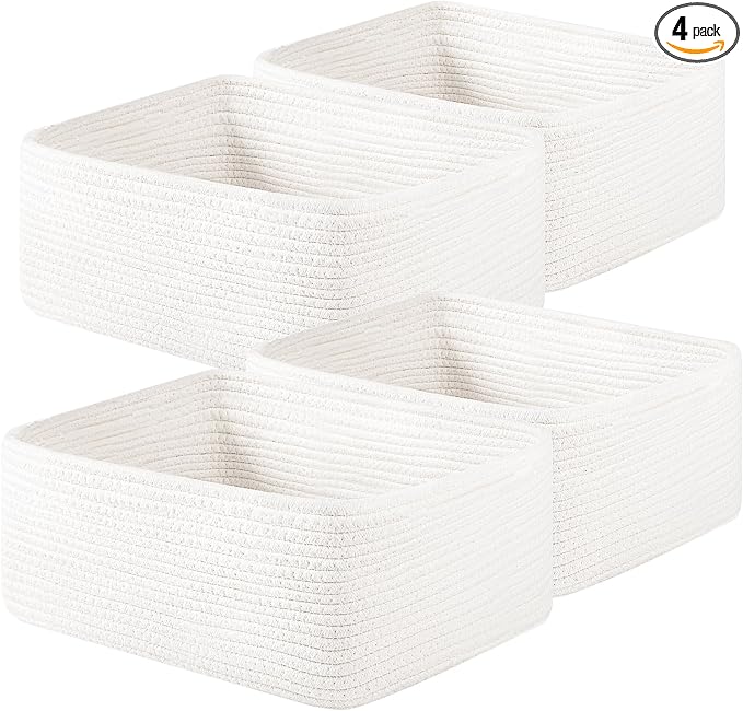 OIAHOMY 4 Pack 14.17 * 11.02 * 6.3IN Storage Baskets for Organizing Shelves, Woven Rope Baskets for Organizing Books, Clothes, Decorative Basket for Living Room, Nursery, Bedroom, Gift Basket, White by MasterofSpaceOptimization