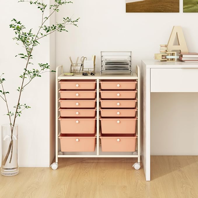 12 Drawer Rolling Storage Cart, Craft Cart Organizer on Wheels w/Metal Frame, Large Capacity & Smooth Drawer, Rolling Cart w/Drawers for Classroom, Office - Image 7