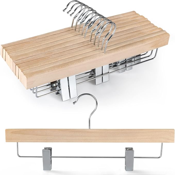 TOPIA HANGER Natural Unfinished Wood Pants Hangers, Wooden Skirt Hanger with Adjustable Clips, 360° Swivel Anti-Rust Hook, Smooth Finish Wood for Trousers 10 Pack-CT10PN by TOPIAHANGER