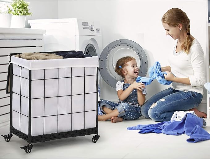 110L Laundry Hamper with Wood Lid, Rolling Laundry Basket with Liner Bag | Dual Laundry Compartments; Lockable Wheels; Reinforced Steel Frame; Durable Metal Handle; Easy Assembly - Image 2
