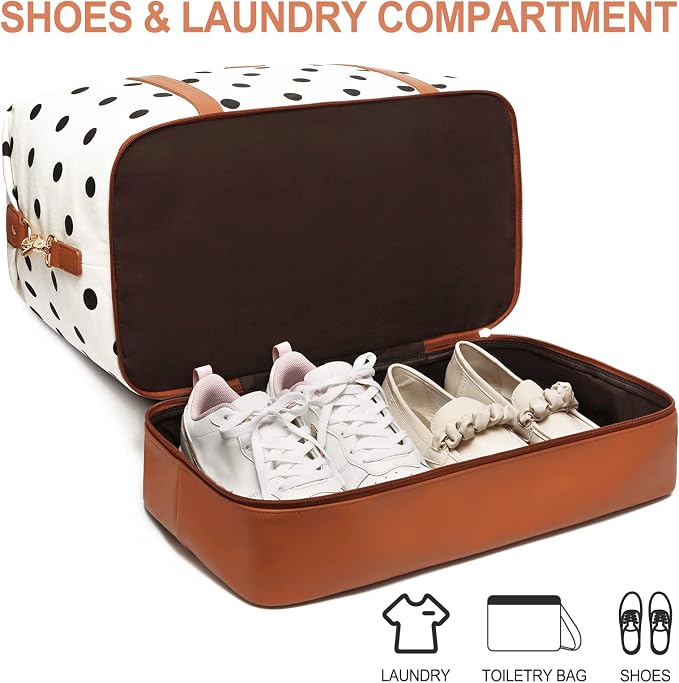 3Pcs Set Polka Dots Weekender Bags for Women Canvas Carry On Overnight Bag Travel Duffle Tote Bag for with Shoes Compartment, Brown - Image 3