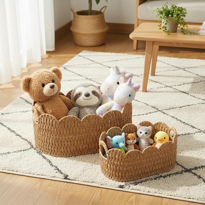Coeusy Paper Rope Scalloped Basket Set of 2, Wicker Storage Baskets for Shelves,Gifts,Books,Toys,Cute Decor Rattan Baskets for Organizing,Natural Color - Image 9