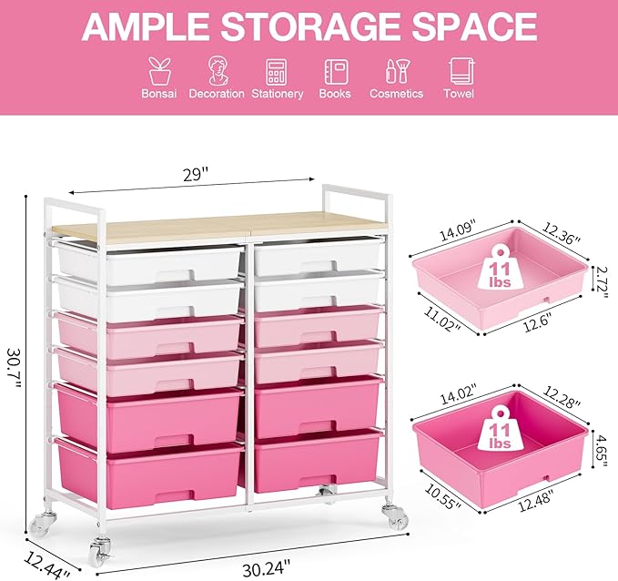 TOOLF 12 Drawers Rolling Storage Cart with Wooden Top for Classroom,Pink | Teacher Cart Craft Art Supply Organizer, Utility Cart with Lockable Wheels for Home Household Essentials, Office Organization - Image 3