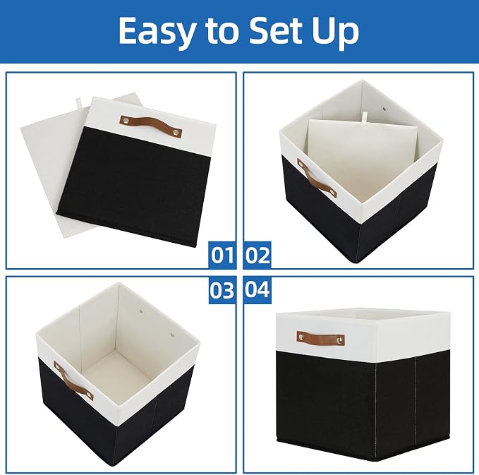 Temary Fabric Storage Bin 4 Pack Cube Storage Bin for Shelf Fabric Cube Storage Basket 13 Inch Cube Storage Bins Foldable Storage Cubes with Leather Handles(White&Black) - Image 5