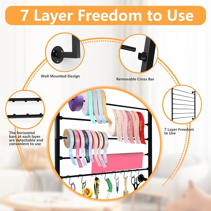 7-Tier Wall Mount Ribbon Holder Organizer Rack-Black | Large Capacity Metal Ribbon Storage for Craft Room, Wrapping Paper, Scarf, Belt & Flower Shop Display - Image 3