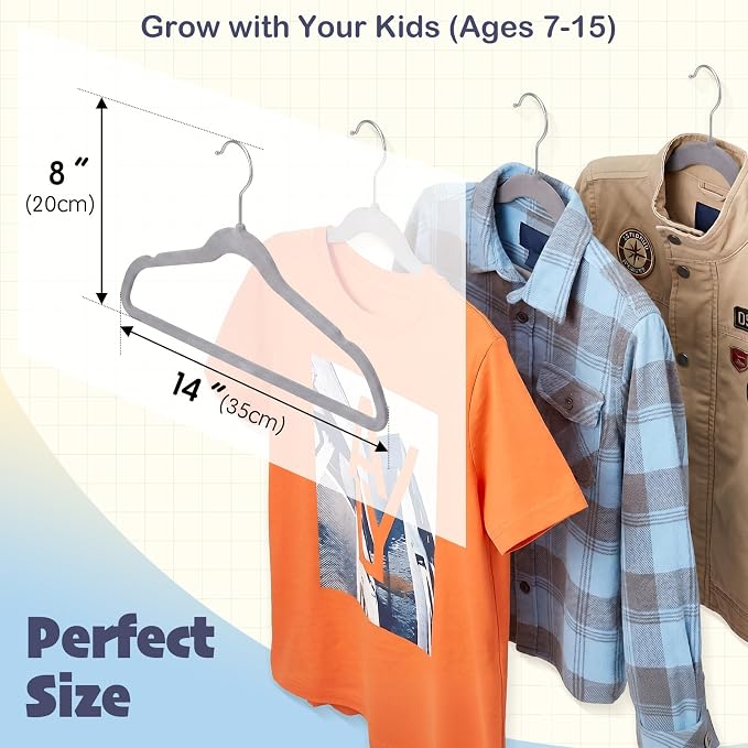 HOUSE DAY 14 Inch Kids Velvet Hangers 50 Pack, Durable Big Kid Hanger Grey | Children Hangers for Youth, Teen, Non Slip Kids Felt Hanger, Cute Small Hanger for Closet, Ideal for Everyday Use - Image 3