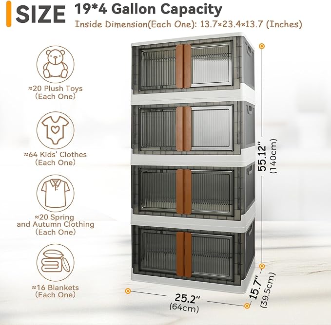 Storage Boxes, Extra Large Cabinet with Lids, 19 Gallon(72L) Capacity (Each One), 4 Packs, Useful Box with Door and Buckles, Foldable, Transparent, Excellent Home Organizers - Image 2