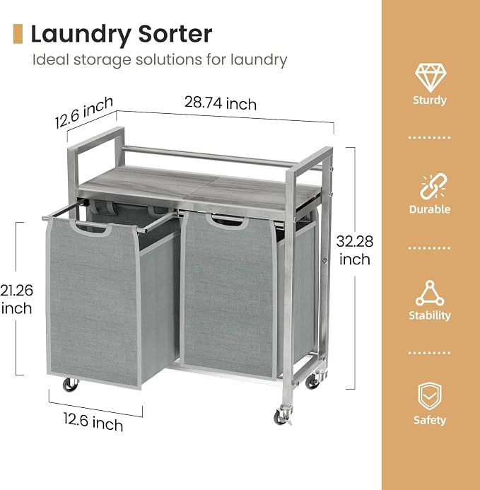 SwaaVee Laundry Sorter, Laundry Hamper with Wooden Top Shelf, 2×14.5Gal(110L), Metal Frame laundry basket with wheels, Pull out and Removable Laundry Bags, 2 Bags-Gray - Image 2