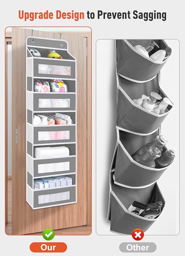 2 Pack Over The Door Organizer Storage, 5 Shelf Hanging Door Organizer with 10 Large Capacity Pockets, Anti Tilt 44 lb Load Behind Door Storage for Bedroom, Bathroom, Pantry, Nursery, (Grey) - Image 7
