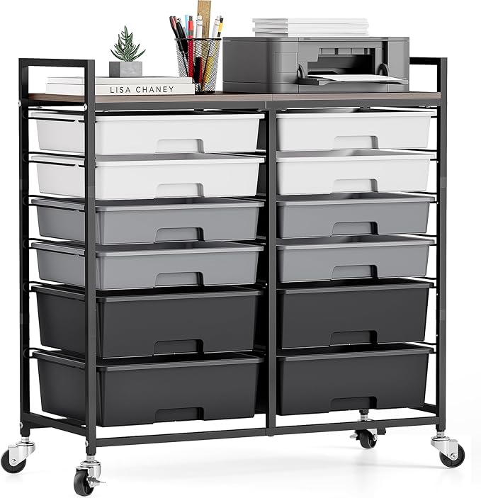TOOLF 12 Drawers Rolling Storage Cart with Wooden Top for Classroom,Grey | Teacher Cart Craft Art Supply Organizer, Utility Cart with Lockable Wheels for Home Household Essentials, Office Organization by TOOLF