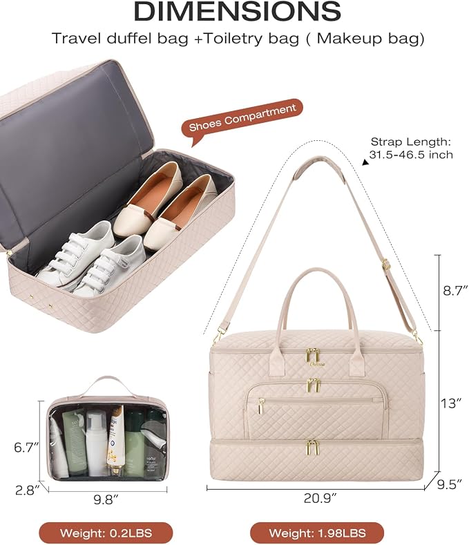 Travel Duffle Bag, Wide Open Large Weekender Bag for Women with Shoe Compartment, Carry on Overnight Bags with Toiletry Bag, Hospital Bag for Women Labor Delivery (Antiquewhite) - Image 4