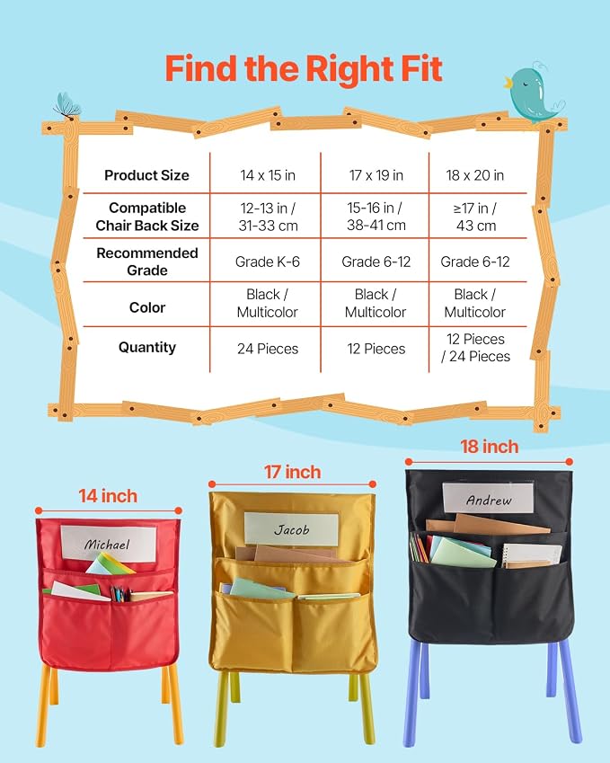 VEVOR Chair Pockets for Classroom, 24 Pack, 18 x 20 Inches Chairback Buddy Pocket with Name Tag, 6 Bright Colors, Back of Chair Organizer for Kids in Classroom, Kindergarten, School, and Home - Image 6