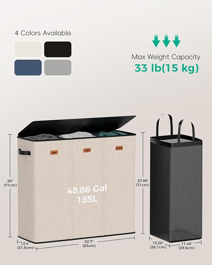 185L Laundry Hamper 3 Section with Lid & Removable Bags | Collapsible laundry basket organizer for laundry room, bedroom & dorm with 3 removable washing bags - Image 4