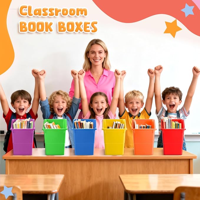 VZZNN 12 Pack Overlapping Classroom Storage Bins (Rainbow Colors) - Durable Book and Binder Holder, Plastic Vertical Storage Book Organizer Folder Classroom Organization Container Supplies - Image 3