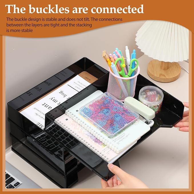 DoubleFill 8 Pcs Stackable Letter Tray Plastic Paper Tray, Black | 13 x 9.5 x 2.6 In, Rectangular, Paper Holder, File Tray for Desktop Office Desk Drawers - Image 5
