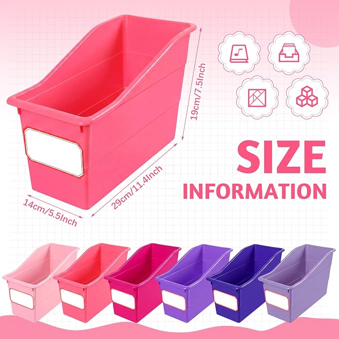Teling 12 Pcs Book Bins Bulk for Classroom Storage Plastic Magazine Holder with Label Interlocking File Folder Organizer Binder Container Box for School Office Desktop Bookshelf Home (Pink Purple) - Image 3